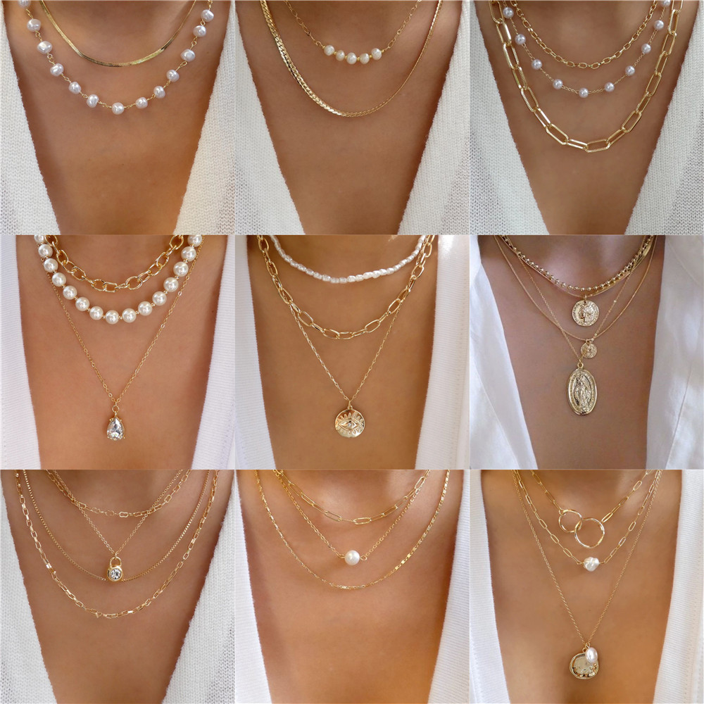 Pearl Choker Necklace Vintage - Collier multicouche en cristal pour femmes,