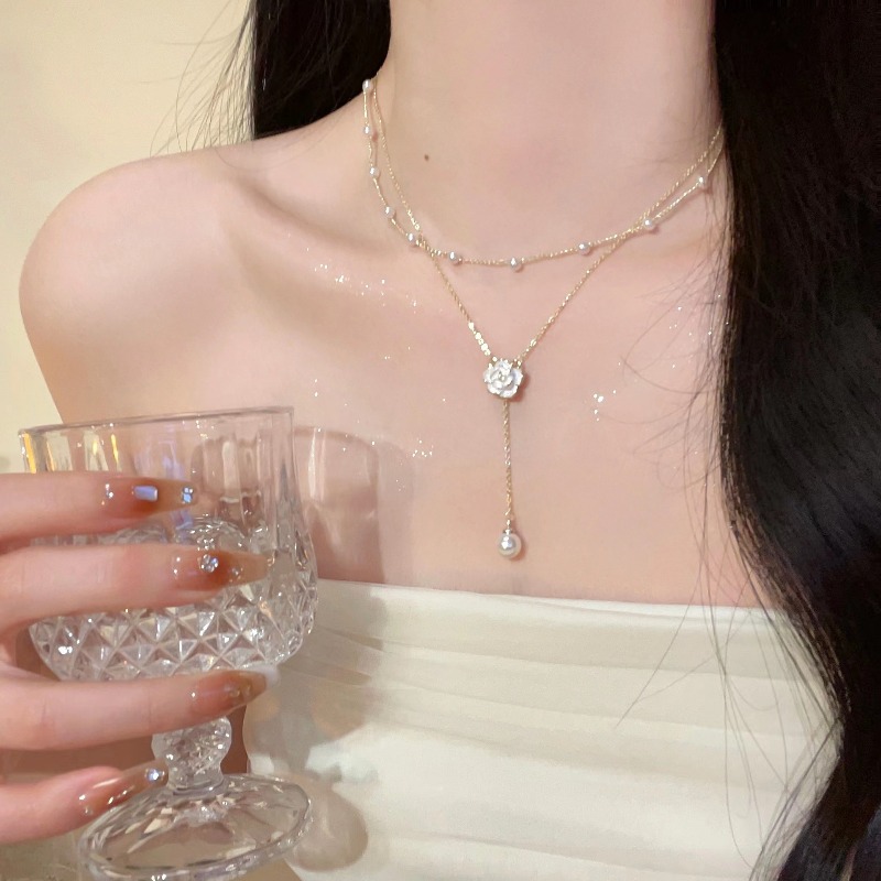 Layered Pendant Necklace Aesthetic - Collier pendentif fleur de camélia double