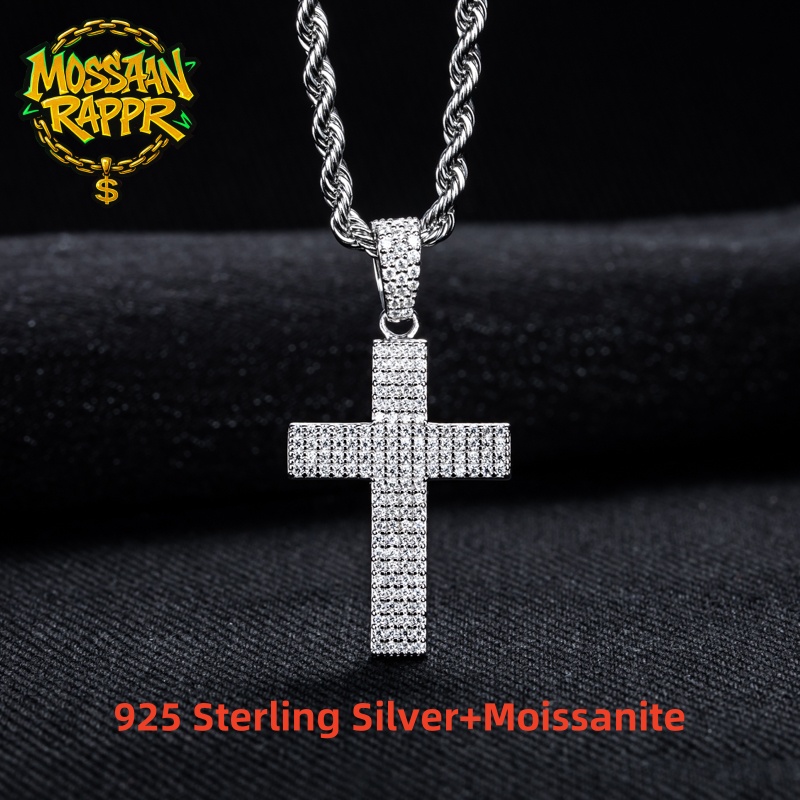 925 Sterling Silver Chain Necklace Men - MossanRappr Moissanite Bling croix pendentif glacé